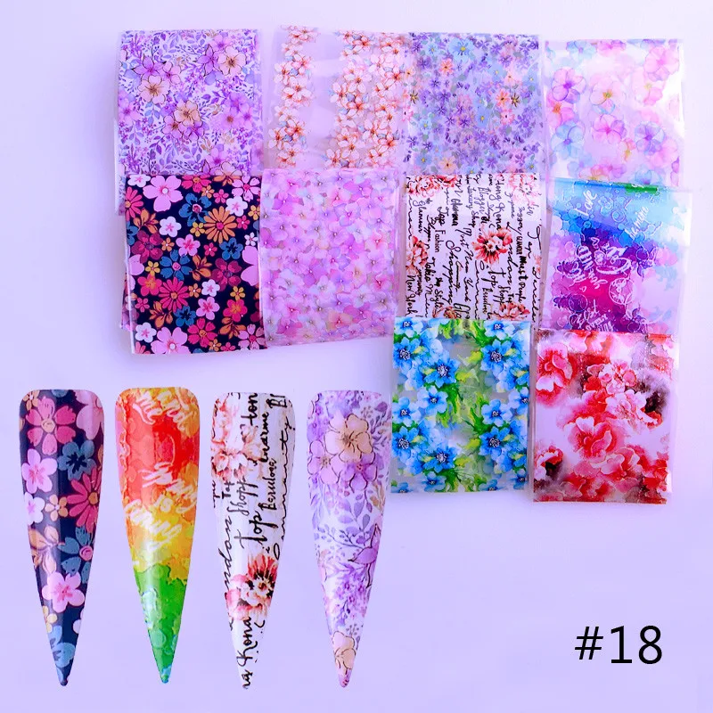 10 видов конструкций наборы лазерных фольг для ногтей градиентные Звездные бумажные Цветочные кружевные наклейки маникюрные клеящиеся Обертывания для ногтей DIY лак для декора - Цвет: 18