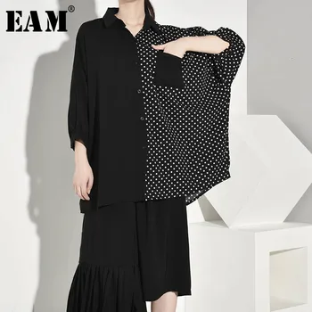 

[EAM] 2020 New Spring Summer Lapel Three Quarter Sleeve Dot Printed Split Joint Big Size Shirt Women Blouse Fashion Tide JW5660