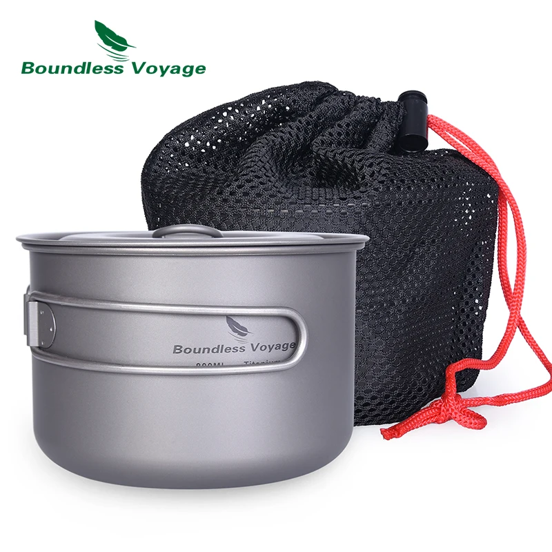 

Boundless Voyage Outdoor Titanium Pot with Lid Folding Handle Camping Hiking Picnic Ultralight Bowl Plate Kettle Tableware 800ml
