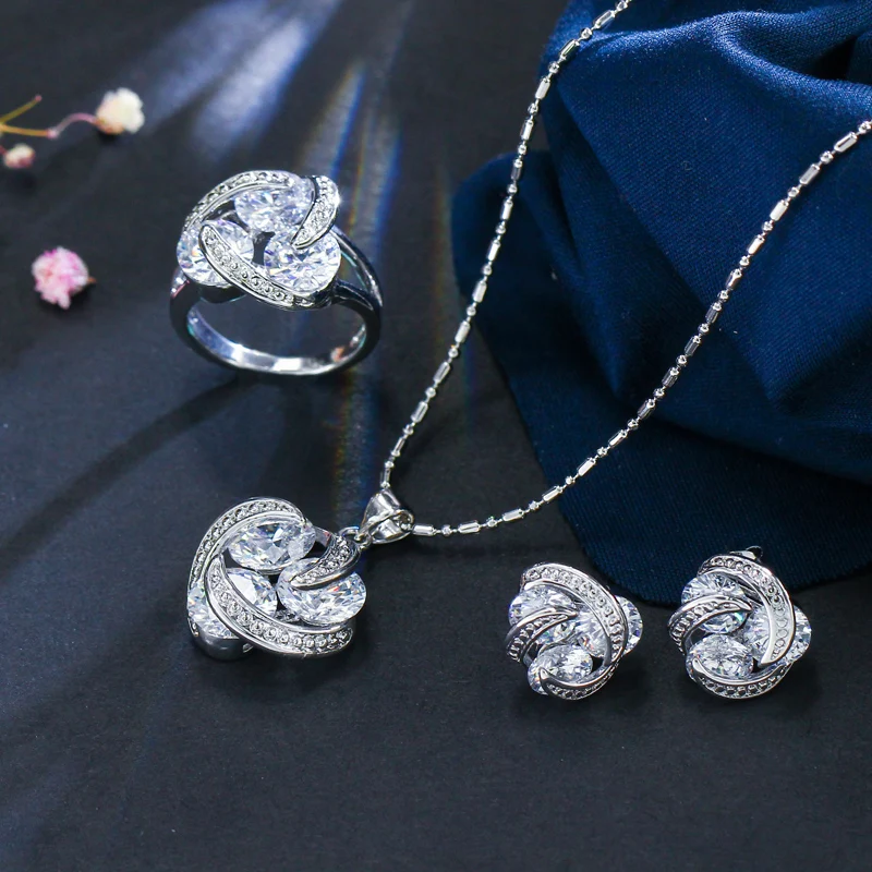 CWWZircons Fashion Geometric Multi Color Cubic Zirconia Cute Pendant Necklace Earring and Rings Jewelry Sets for Women T316