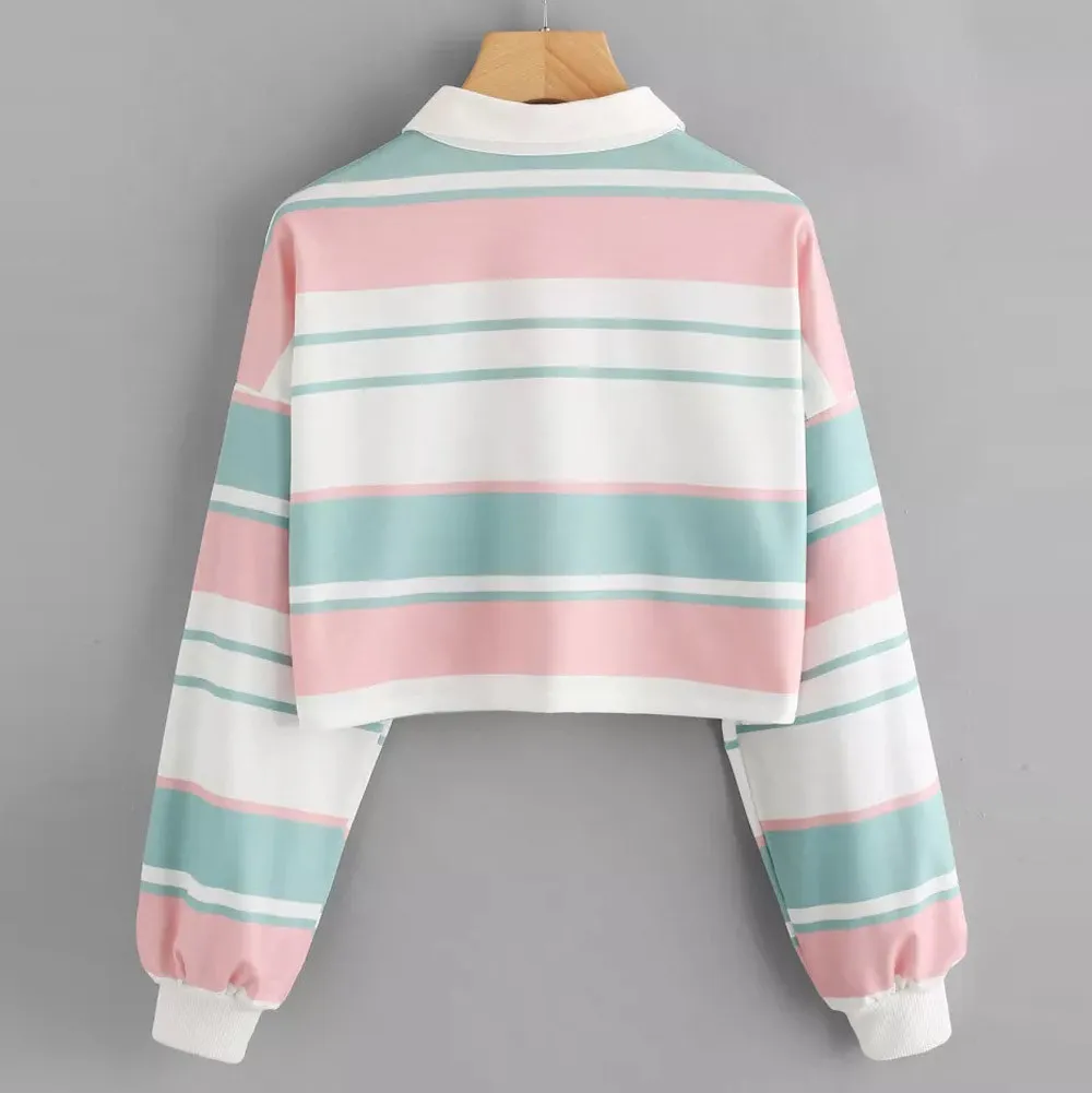 

2019 New Social For Girls Womens Casual Drop Shoulder Striped Crop Pullover Sweatshirt Top Blouse Korean Style Women Hoodi