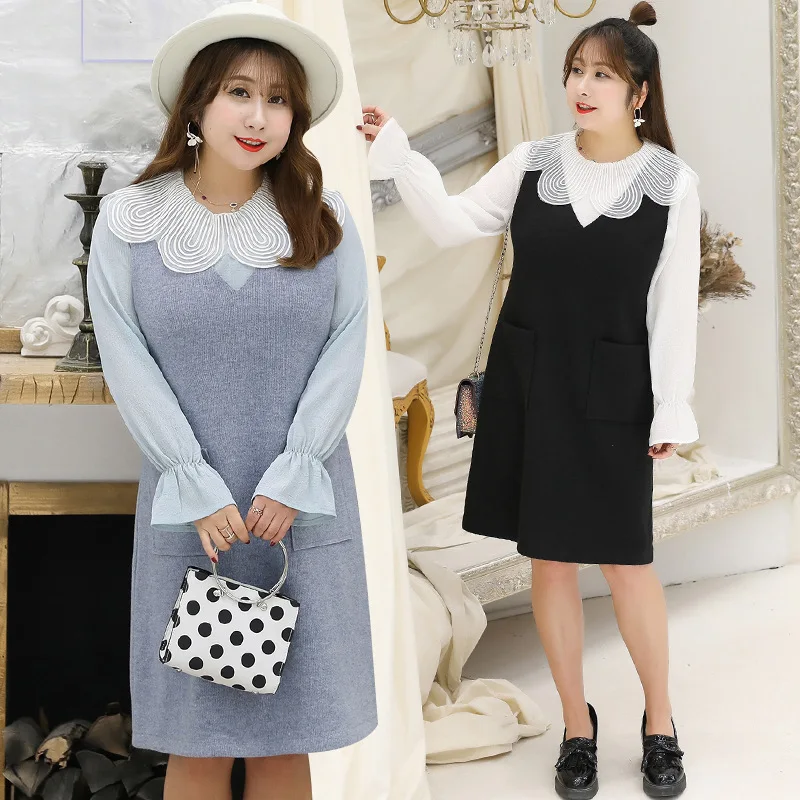 

2019 Spring Clothing New Style Fat Mm Large Size Dress Elegant Gentle-Style Two-Piece Dress a Generation of Fat 1629 H