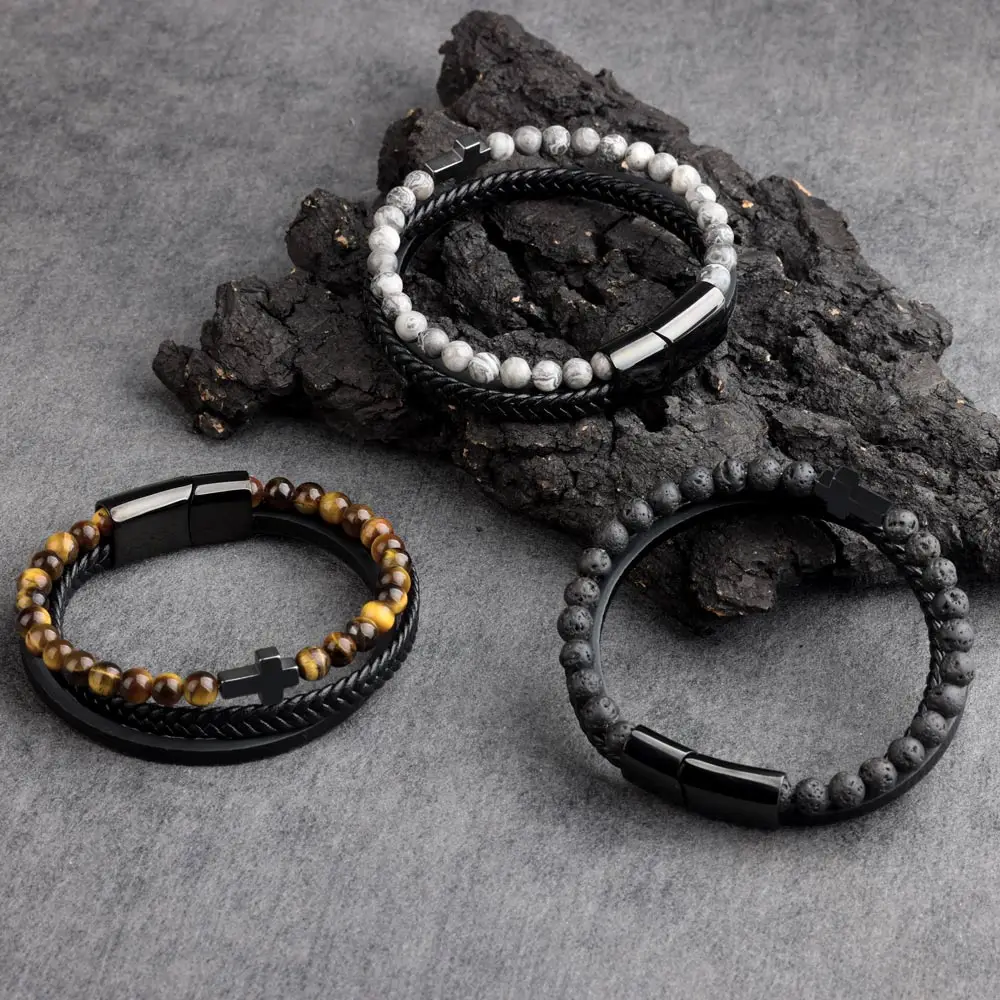 Natural Stone Beads Cross Bracelet On Hand Genuine Leather Braided Stainless Steel Magnetic Clasp Bangles For Men Jewelry Gift