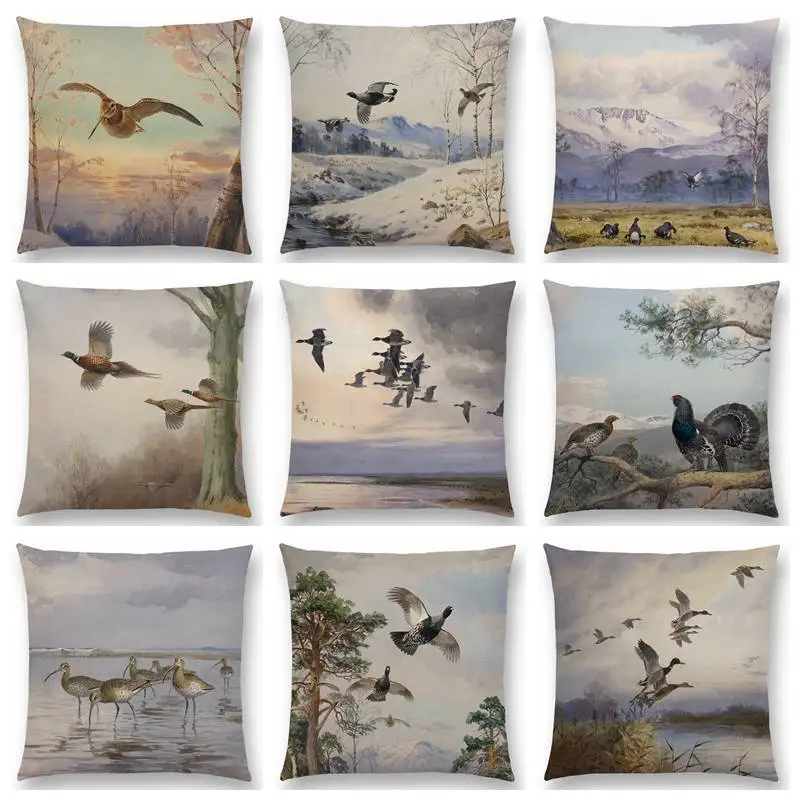 Bird Raptors Eagle Falcon Carve Wing Fly Sky Feed River Field Migrate Winter Oil Painting Colorful Cushion Cover Pillow Case | Дом и сад