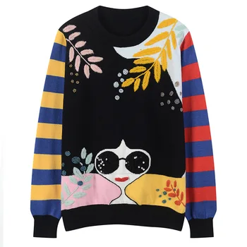 

Women Sweater Slim Fit Sequin Beading Cartoon Girl Knitted Pullovers Contrast Color Striped Top Long Sleeve Jumper Autumn Winter