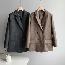 2021 outono inverno oversized retro pinstripe lã blazer feminino duplo breasted manga longa solta mulheres engrossar jaqueta