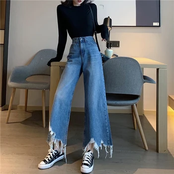 

Vintage Ripped Jean Women High Waist Denim Loose Casual Flare Long Trouser Female Plus Size Fashion Irregular Winter High Street