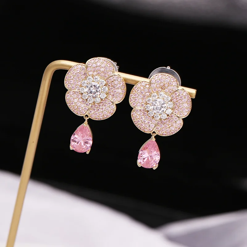 French Elegant Rose Flower Pink AAA Zircon Earrings For Women Micro-inlaid Silver Needle Drop Earring Luxury Female Jewelry