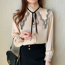 

Elegant Shirt Women Long Sleeve 2022 Spring Korean Style Chic Ladies Office Wear Bow Lace Up Button Shirts Black Apricot S-2XL