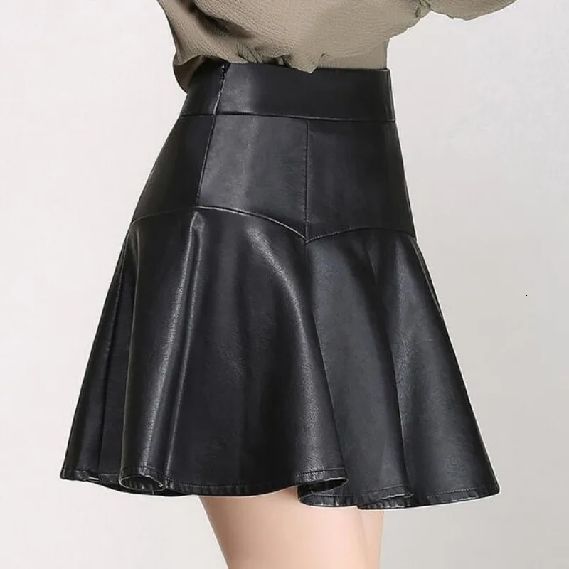 Модная черная юбка из искусственной кожи, Женская винтажная плиссированная юбка с высокой талией,, женская короткая юбка из искусственной кожи на молнии