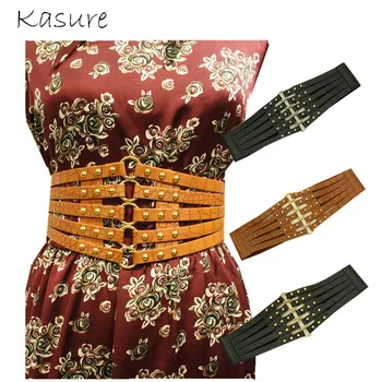 

KASURE Fashion Women's PU Leather Wide Waist Belt Hollow Out Rivets Stretch Steampunk Cinch Waistband