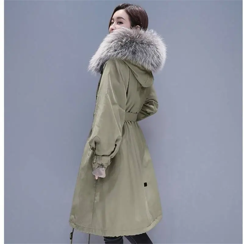 

2019 New Winter Women Casual Faux Fur Collar Hooded Down Cotton Loose Long Coat Female Thick Wadded Jacket With Belt Parkas W13