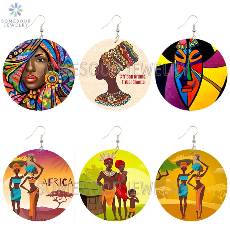 SOMESOOR Afrocentric этнические племени искусство печатные деревянные висячие серьги