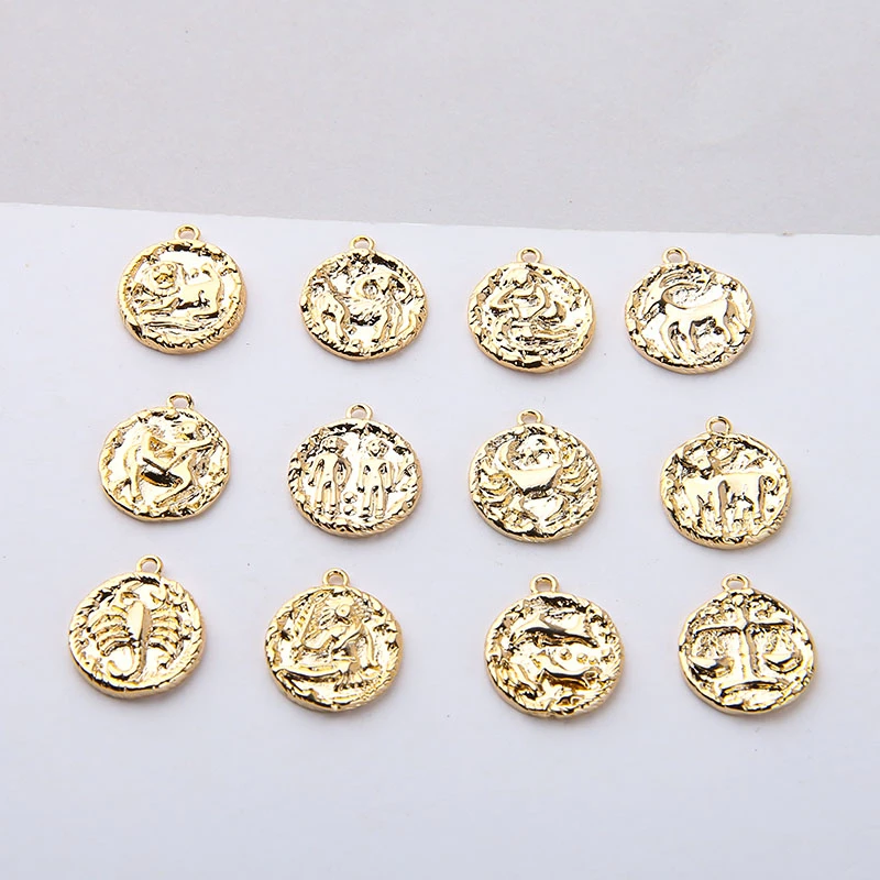 

6pcs Relief Copper Plated New Design 12 Constellations Earrings Gold Color Alloy Women's Earrings Diy Necklace Pendant Material
