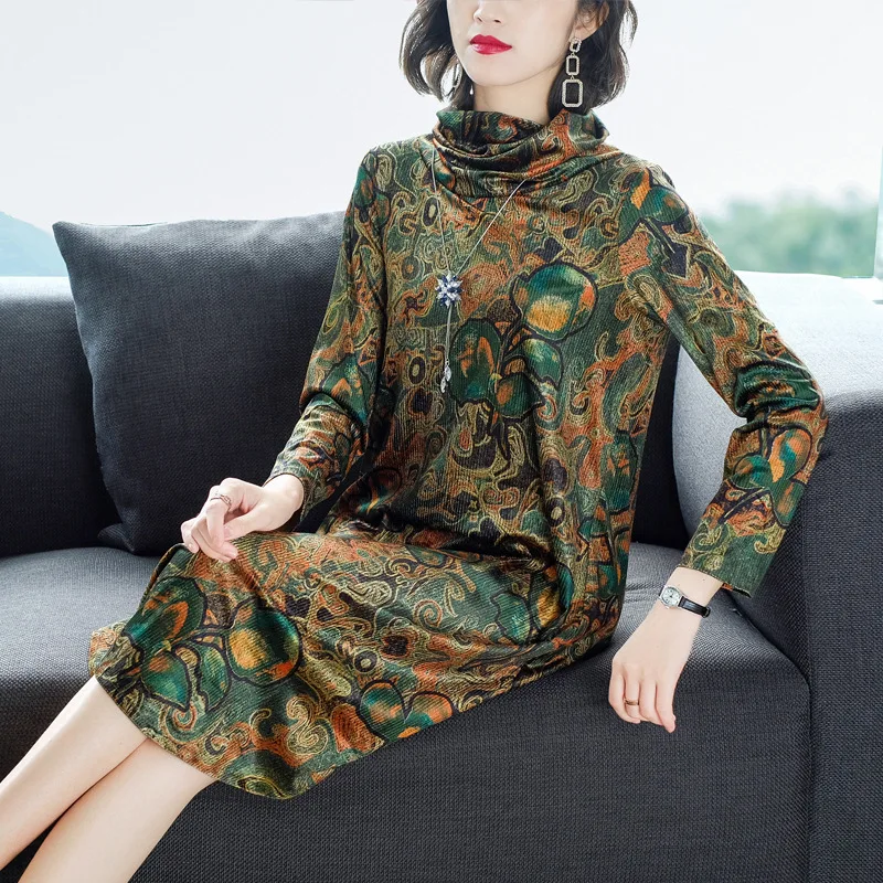 

2019 Autumn New Style Elegant Large Size High Collar Long Sleeve Mid-length Slimming Waist Hugging Retro Chiffon Dress Women's