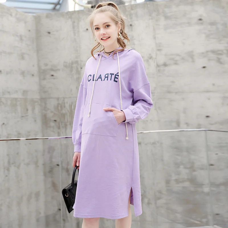 

Maternity dress 2019 autumn loose tops long over the knee hoodie sweater dress personalized hooded pregnancy dress