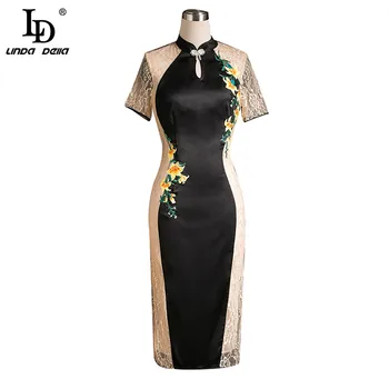 

LD LINDA DELLA Fashion Designer Summer Vintage Dress Women Lace Short sleeve Embroidery Button Diamonds Female Slim Knee Dresses