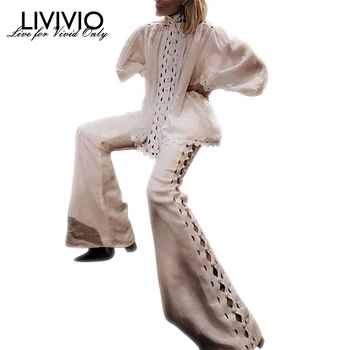 

[LIVIVIO] Casual Solid Hollow Out Women Set Turtleneck Puff Sleeve Tops Slim Wide Leg Pants Two Piece Set Elegant Spring 2019