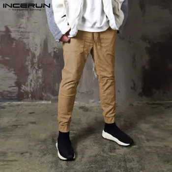

INCERUN Fashion Men Pants Streetwear Elastic Waist Pockets 2020 Solid Chic Joggers Cargo Trousers Summer Korean Pants Men S-5XL