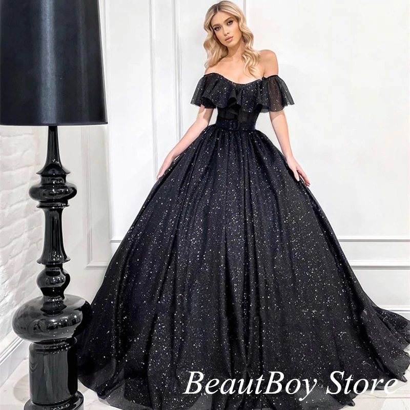 beautiful prom dresses Starry Black Prom Dresses Ruffle Sleeves Ball Gown Princess Glitter Tulle Party Evening Gowns robes de soirée платье женское2022 long prom dresses