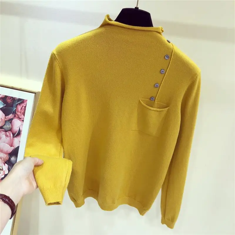 

Buttons Turtleneck Knitted Long Sleeve Solid Thin Sweater Women Slim Soft Jumper Female Slim Tops