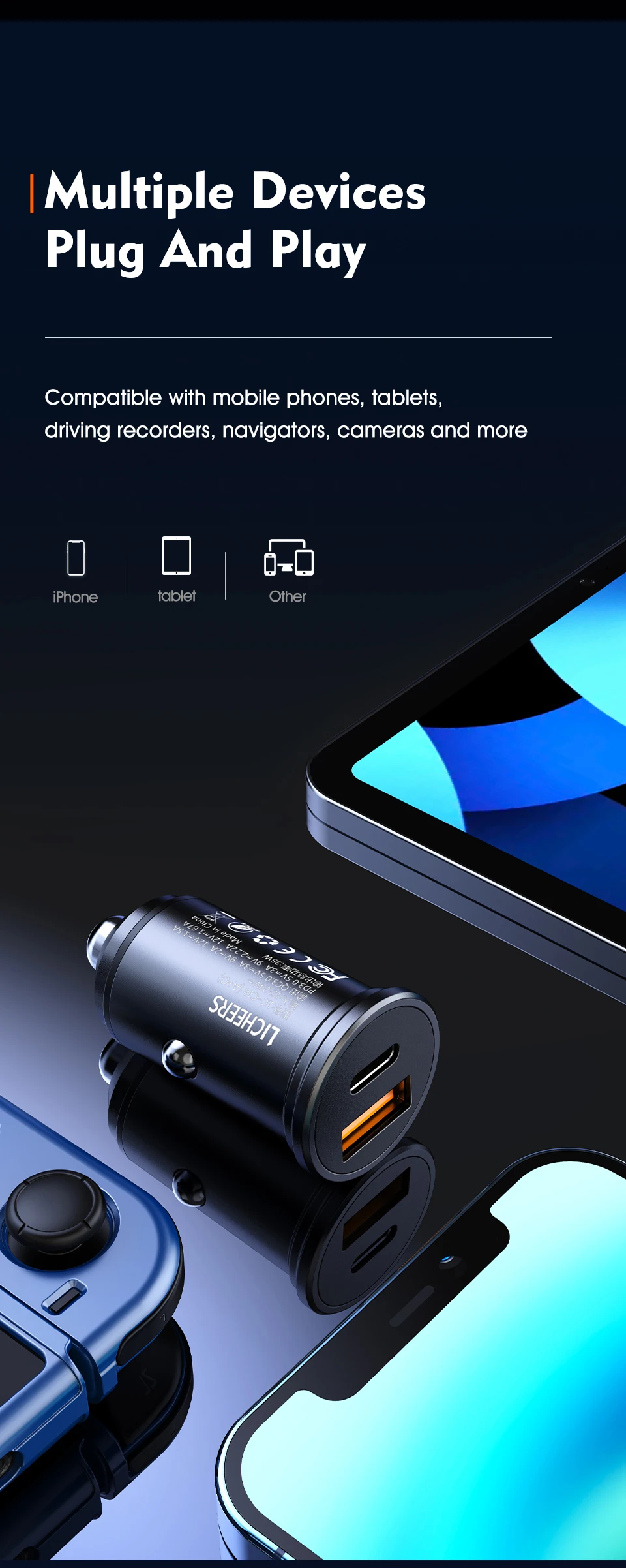Licheers Car Charger USB 5A Phone Fast Charging 2 Port 12-24V Cigarette Socket Lighter for iPhone Xiaomi Huawei Power Adapter