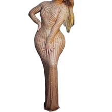 

Shining Striped Rhinestones Women Dress Long Sleeve Half High Collar Sknny Elastic Dress DJ Singer Dance Stage Wear DS Costumes