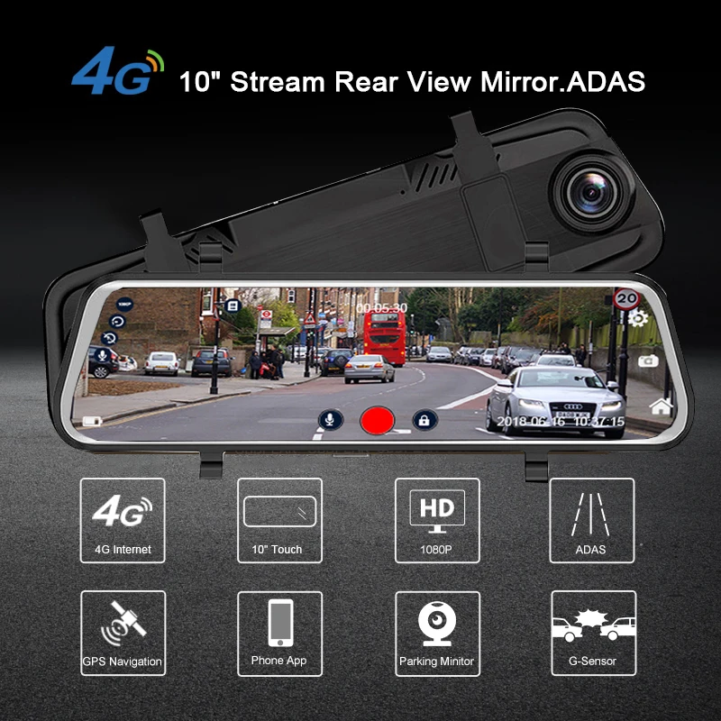 Зеркало видеорегистратор ADAS 4G Android 10 дюймов Потоковое мультимедиа Автомобильное