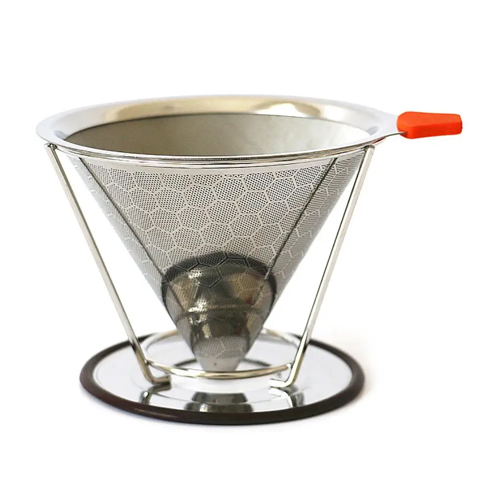 

Stainless Steel Reusable Double Wall Cone Coffee Dripper Strainer with Stand