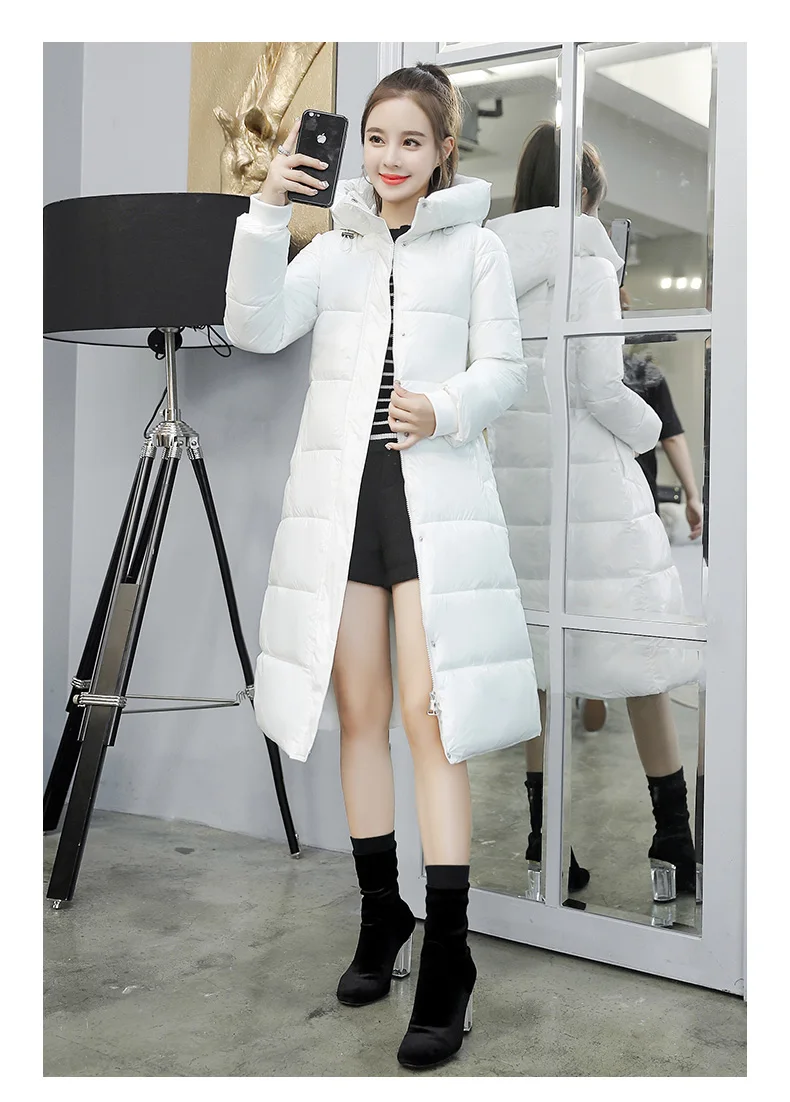 Корейские зимние пуховики из искусственной кожи женские длинные тонкие парки пальто толстые теплые пальто с капюшоном и меховым воротником N1019