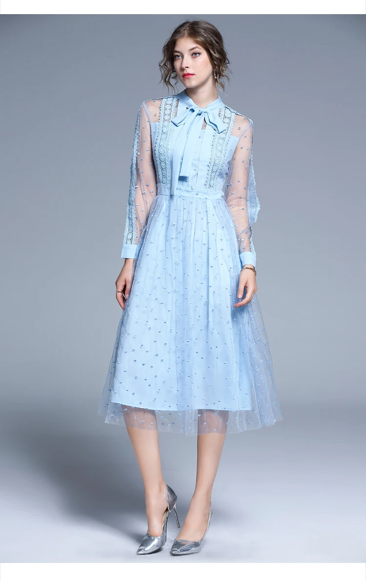 Blue Lace Patchwork Mid-calf A-line Elegant Office Dress