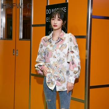 

Pink Long Sleeve Shirt Women Korean Lantern Sleeve Tops And Blouses Pirnt Loose Button Up Collared Shirt Clothing T651