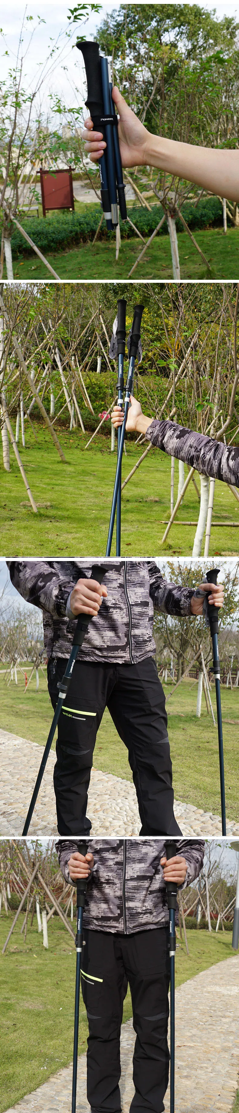 Bengalas de Fibra de Carbono + Liga de Alumínio Pioneer Dobrável Trekking Pole Leve Portátil Caminhadas 5-seção 8 Pioneer 5-seção dobrável trekking pole leve portátil