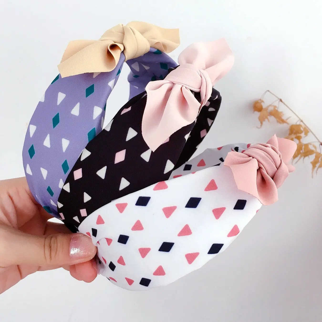 New Style Simple Triangular Printed Wide Mixed Colors Rabbit Eared Versatile Fresh Hair Bands Head Buckle Hair Accessories Headd