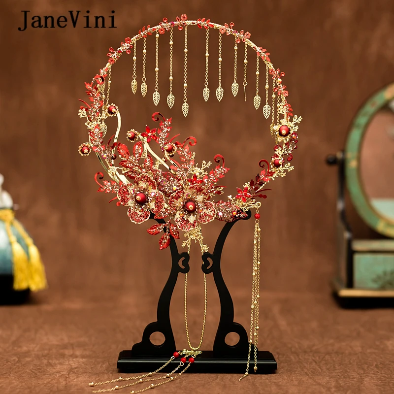 JaneVini New Glitter Jewelry Chinese Red Bridal Fan Bouquet Tassel Handmade Flowers Beaded Ancient Wedding Metal Round Hand Fans