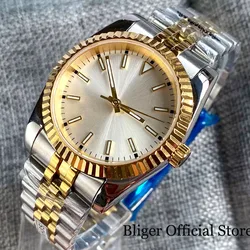 BLIGER 36mm 39mm Nologo NH35A PT5000 Two Tone Gold Fluted Bezel Automatic Men Watch Jubilee Band Glass Back