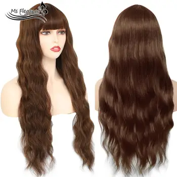 

MS Brown Long Water Wave Womens Wigs with Bangs Heat Resistant Synthetic Wigs for Women African American 24 inch Cosplay