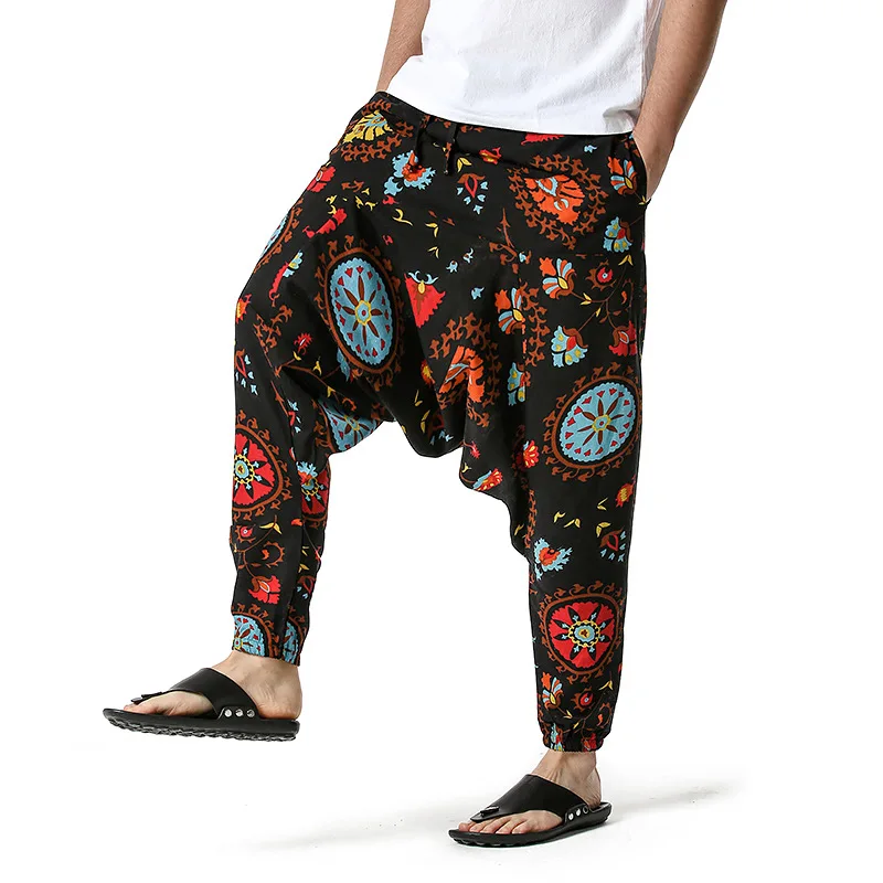 Men Women Cotton Harem Yoga Baggy Genie Boho Pants Fashion Floral Print Drop Crotch Hippie Jogger Sweatpants Cotton Breathable sweatpants