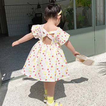 

Summer Cute Girls Colorful Dot Backless Dresses Pure Cotton Puff Sleeve 2 Colors Short Sleeve Cute Princess Dress kids fashion