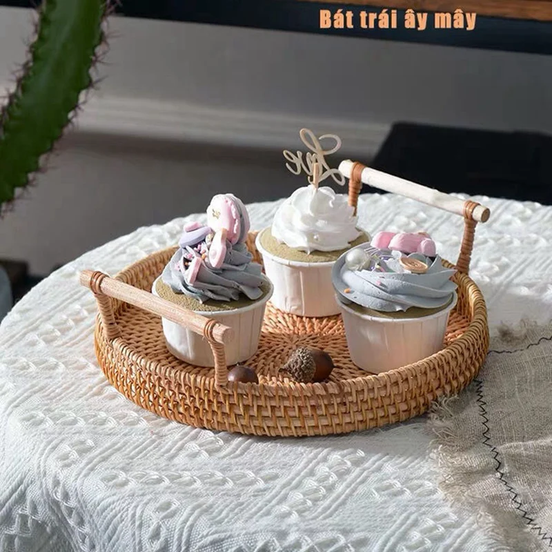 

Rattan Handwoven Round High Wall Severing Tray Food Storage Platters Plate Over Handles For Breakfast Drink Snack For Coffee Tea