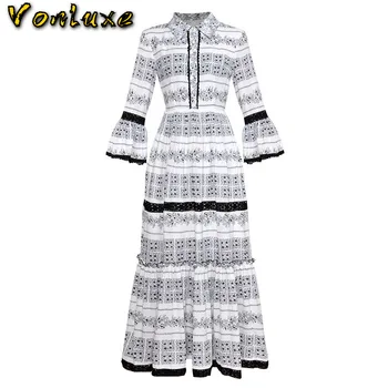 

High Quality Vintage Elegant Women Retro Print Lace Flare Sleeve Spring Summer Boho Runway Designer Long Dresses