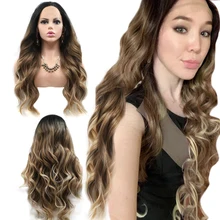 Anogol черный Омбре блонд высокотемпературное волокно Peruca Cabelo глубокие длинные объемные волнистые волосы парики синтетический кружевной передний парик для женщин