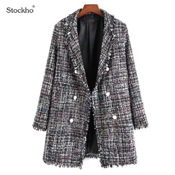 Mulheres stweed jaqueta de uma peça terno primavera outono senhora estilo casaco de pano de lã 2021 moda xadrez xixi terno longo jaqueta casual topo