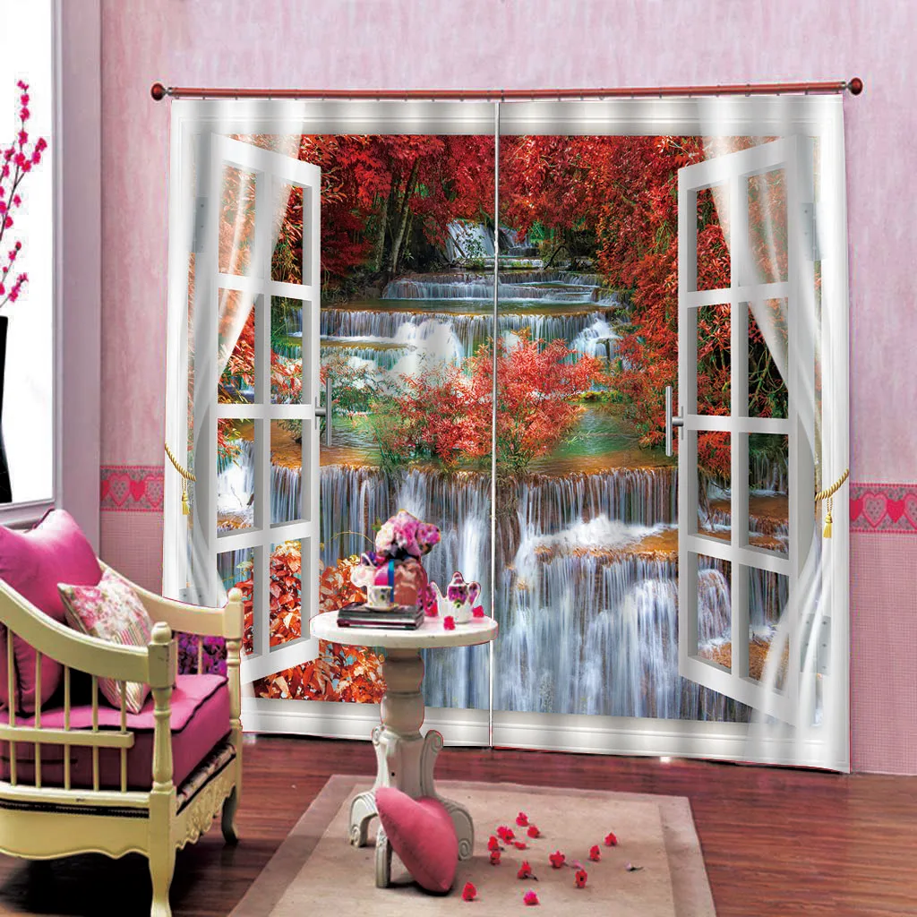 

waterfall 3D Curtain Luxury Blackout Window Curtain Living Room landscape scenery curtains red leaf curtains