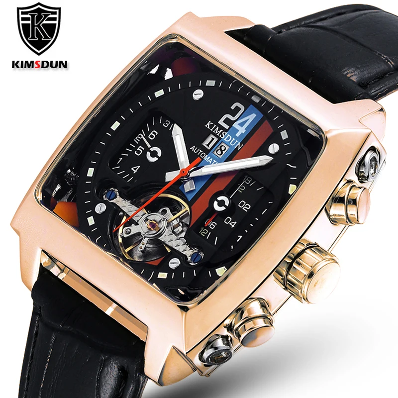 

Tonneau Mechanical Watch Men Wrist Automatic Retro Watches Men Waterproof Black Rose Steel Watch Perspective See Through Clock