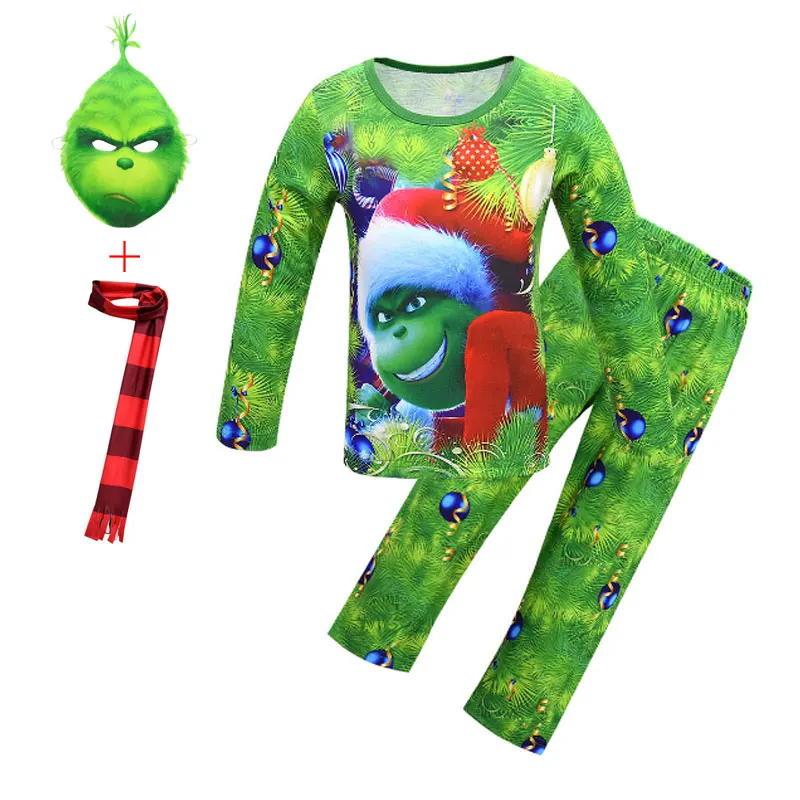 Рождественский пижамный комплект для мальчиков Grinch, НОВАЯ РОЖДЕСТВЕНСКАЯ одежда для сна, лидер продаж, одежда для сна, домашний костюм косплей+ маска+ шарф+ перчатки, пижамный комплект