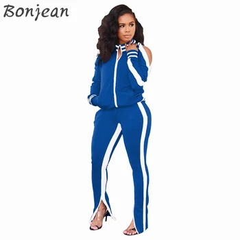 

Tracksuit Two Piece Set for Women Off Shouder Tops And Fashion Long Pants Casual Suit Stripe Matching Sets Lounge Wear