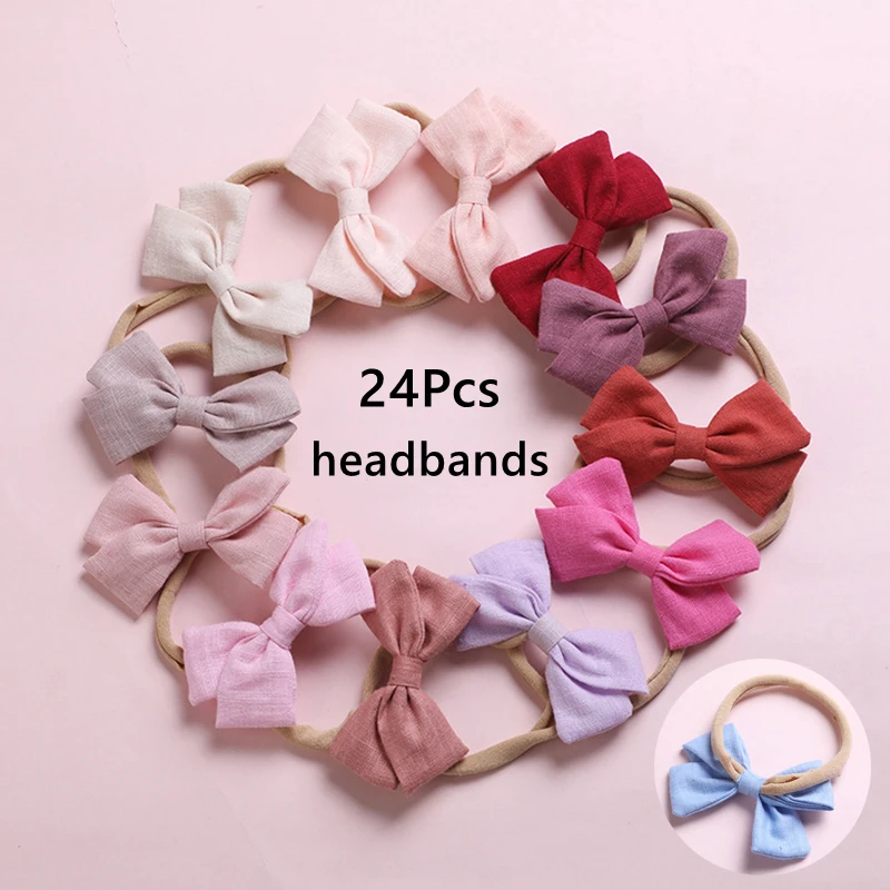 

Baby Bows Headbands For Girls Cotton Hair Clips Children Summer Hair Accessories Kids Linen Solid Color Head Bands 24pcs/Lot