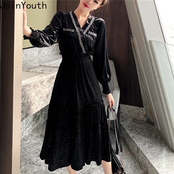 

Joinyouth Velour Plus Size Mid-calf Dresses Autumn Winter Sequins Long Lantern Sleeve V-neck Vestidos Women Elegant Dress 56794