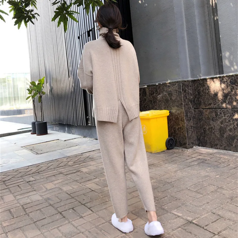 

Winter pant suit set Women Sweater Set Turtleneck Pullovers Knitted Two Pieces Set & Elastic Waist Harem Pants Autumn jk156